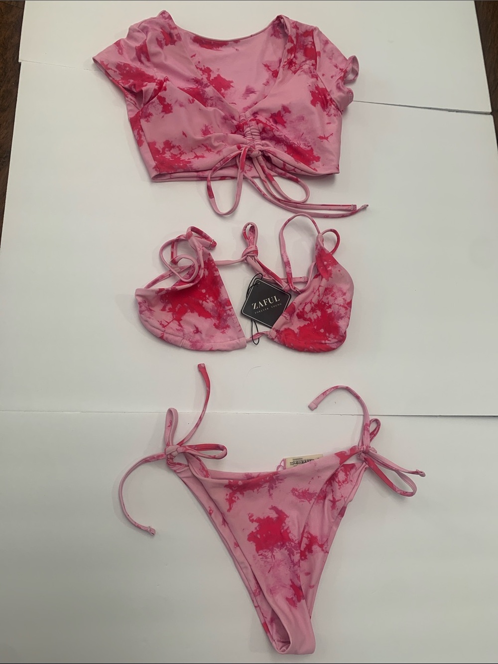 Zaful Pink Tie-Dye 3-Piece Swim Set with Crop Top